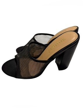 Shoe Dazzle Black Mesh Open-Toe Block Heel Mules